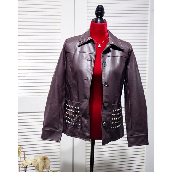 NWOT Dennis Basso Women's Dark Mahogany Faux Leather Studded Jacket Sz XXS 2207 - Picture 10 of 15